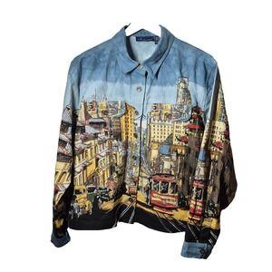 Artcapes Shirt Womens Large Blue Cityscape San Francisco Trolley Print Button Up